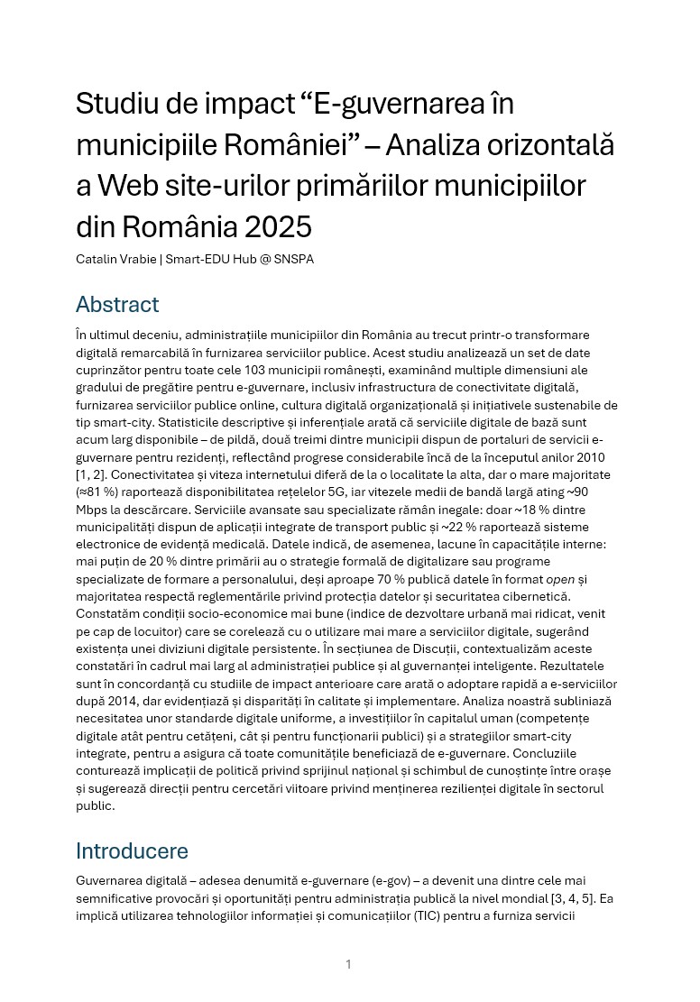 View Vol. 8 (2025): Studiu de impact “E-guvernarea în municipiile României” – Analiza orizontală a Web site-urilor primăriilor municipiilor din România 2025